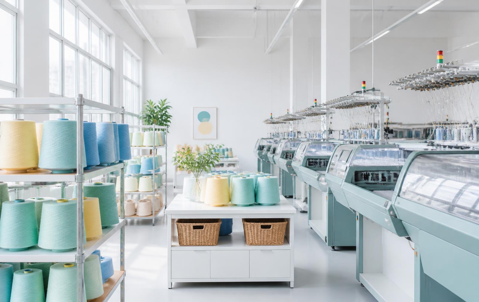 Knitting machines with cream yarn cones inside the Enfal Bebe facility